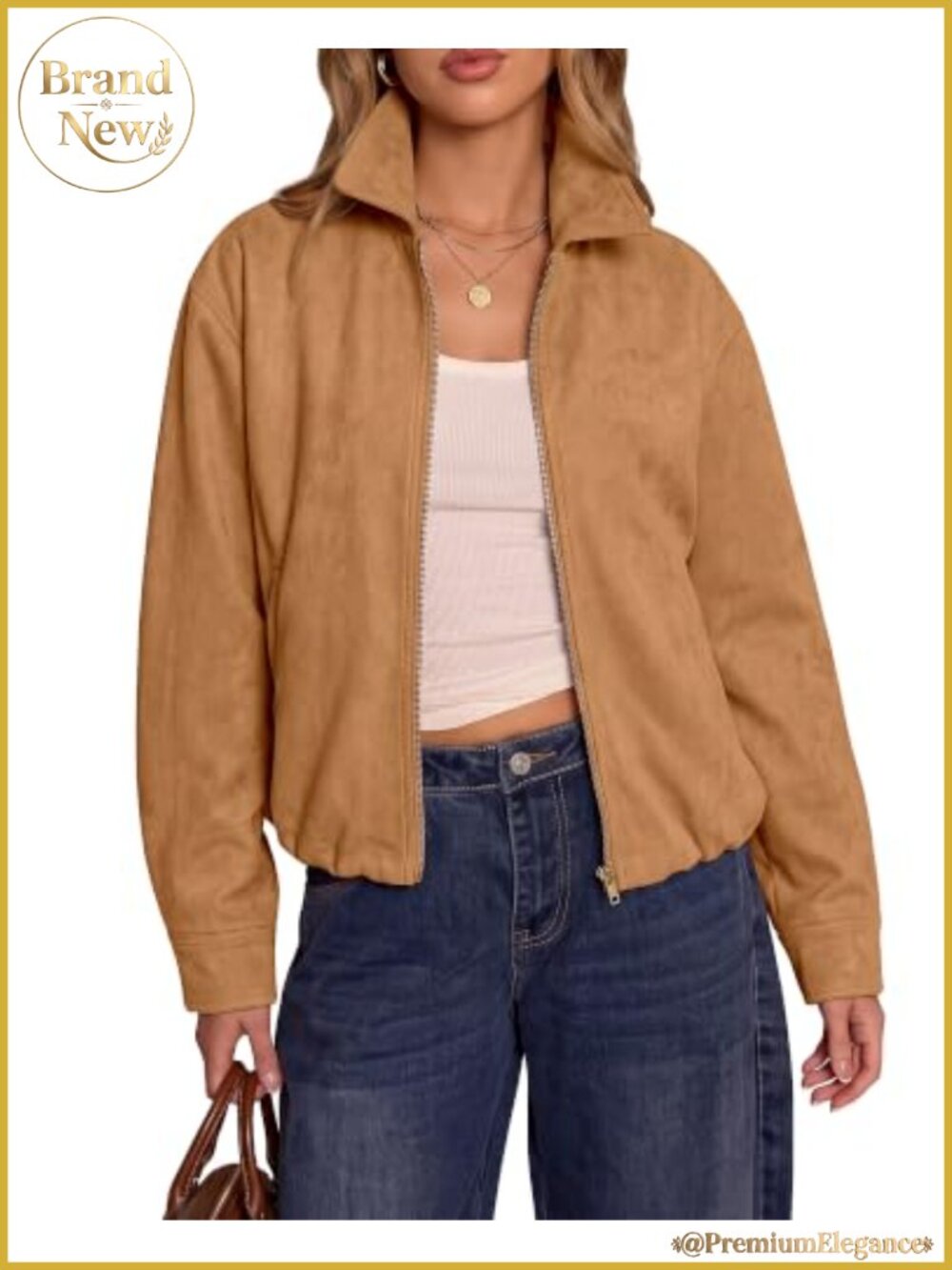 Faux Suede Oversized Zip Up Cropped Jacket for Women Fall